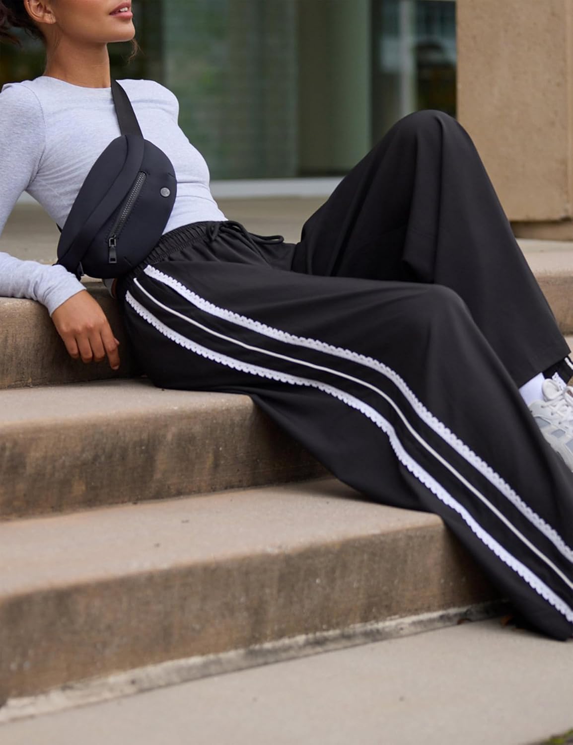 Yeokou Women's Wide Leg Sweatpants - Casual Drawstring Palazzo Pants with Pockets | Side Stripe Design