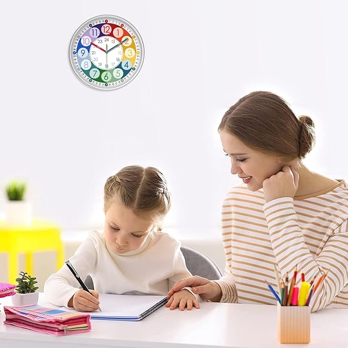 XFM Colorful Kids Wall Clock 14 Inch Silent Wall Clocks Battery Operated