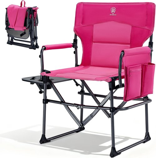 Ever Advanced Camping Chair - Portable Folding Directors' Chair with Side Table & Pocket | Heavy Duty, 400lbs, Pink