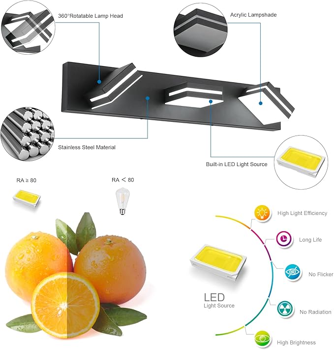 SineRise LED Modern Bathroom Vanity Light Fixtures, Dimmable Matte Black Modern