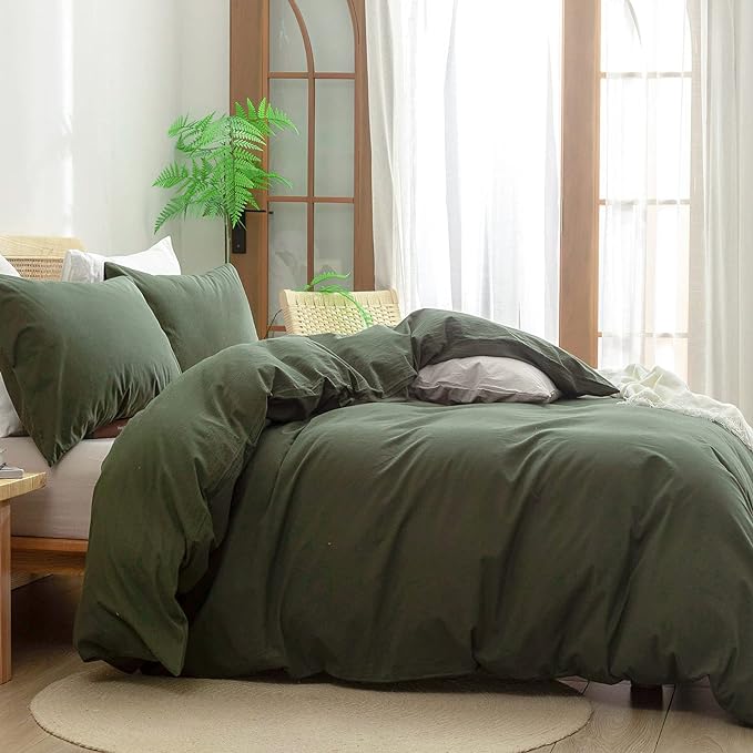 BESTOUCH Duvet Cover Set 100% Washed Cotton Linen Feel Super Soft Comfortable Chic Lightweight 3 PCs Home Bedding Set Solid Olive Green Cal King