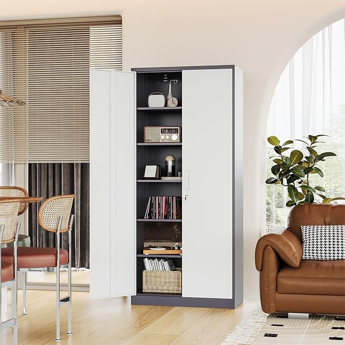 Metal Cabinet Steel Storage Cabinet - 71” Tall Steel File Cabinets with Lockable Doors and 5 Adjustable Shelves Gray&White Storage Cabinets for Home, School, Office, Garage