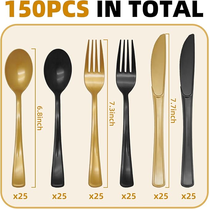 150 Pieces Black and Gold Plastic Silverware Heavy Duty 75 Black Plastic Utensils and 75 Gold Cutlery Tableware Sets Includes Spoons Forks Knives for Birthday Party, 2026 New Year
