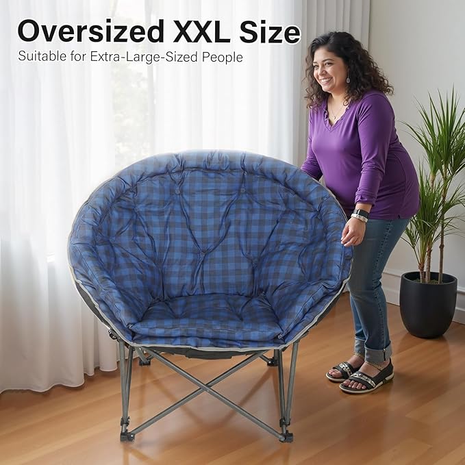 Oversized XXL Folding Round Camping Chair,Super Comfy Padded Moon Camp Chairs,Heavy Duty Supports 200 Kg Outdoor Lawn Chairs for Adults,Perfect for Indoor,Family Camping,Hiking,Picnics and Garden