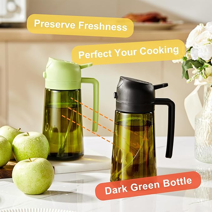 CXINYI - 16oz/470ml Olive Oil Dispenser for Kitchen with Stickers - 2 in 1 Olive Oil Sprayer for Cooking, Air Fryer, and Salad, 2 Black (Light-Proof Kitchen Gadget)