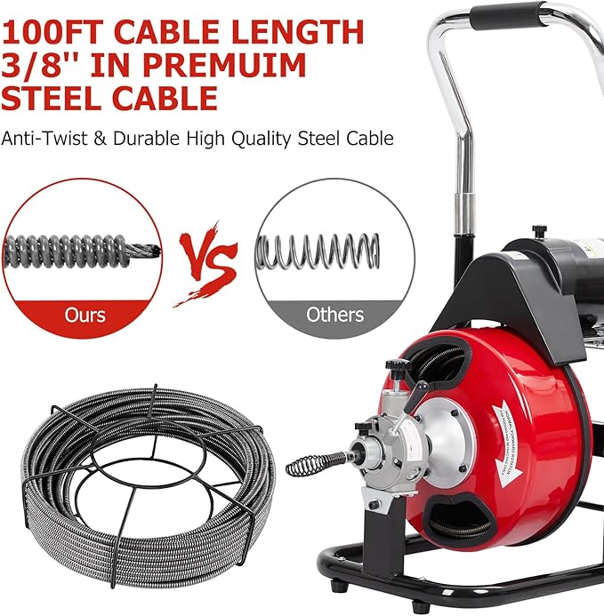 Garvee K-300ZF 3/8 in 100 ft 1 Red & Black Electric Drain Cleaner Machine - Automatic Auger for 1 to 4 in Pipes, Portable Design, 4 Cutters, Foot Switch Control, and Includes Gloves.
