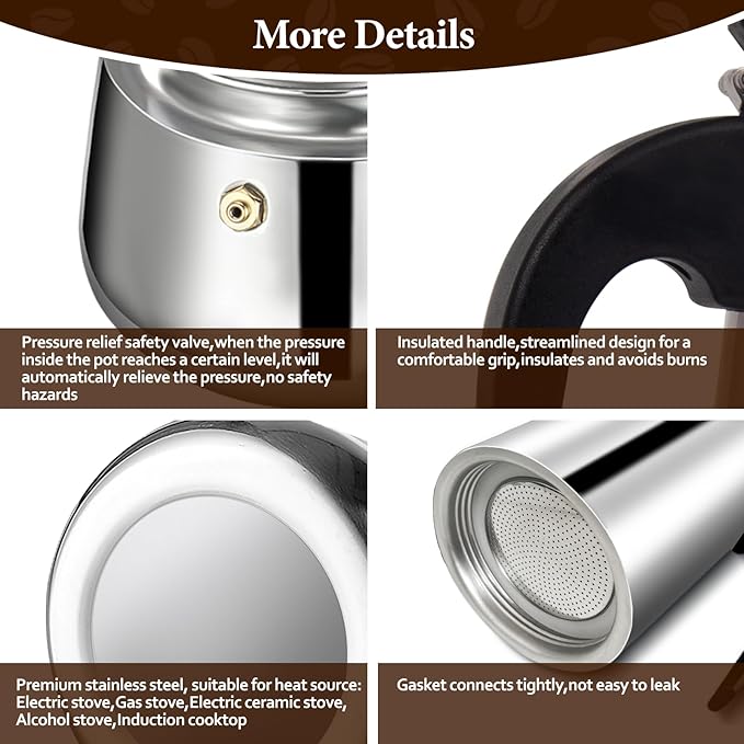 6 Cup Moka Pot Percolator Italian Coffee Maker 300ml Stovetop Espresso Mocha Stainless Steel Greca Coffee Maker Classic Cafe Makers Suitable for Induction Cookers Ceramic Stoves Straight