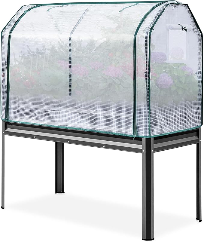 KING BIRD Large Raised Garden Bed with Cover Galvanized Elevated Planter Box with Legs 48×24×56 in for Backyard, Patio, Balcony, 700lb Capacity, Dark Grey