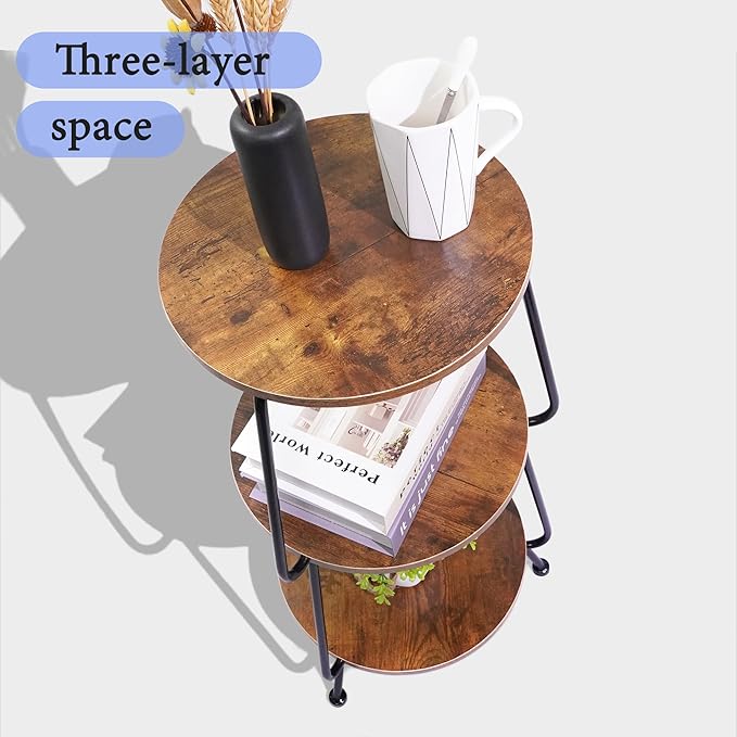 Small Round Side Table, 3 Tier Circular Narrow End Table with Storage Shelf, Round Corner Coffee Table Nightstand, Compact Tea Sofa Table for Living Room Bedroom Small Spaces, Rustic, Vintage, Brown