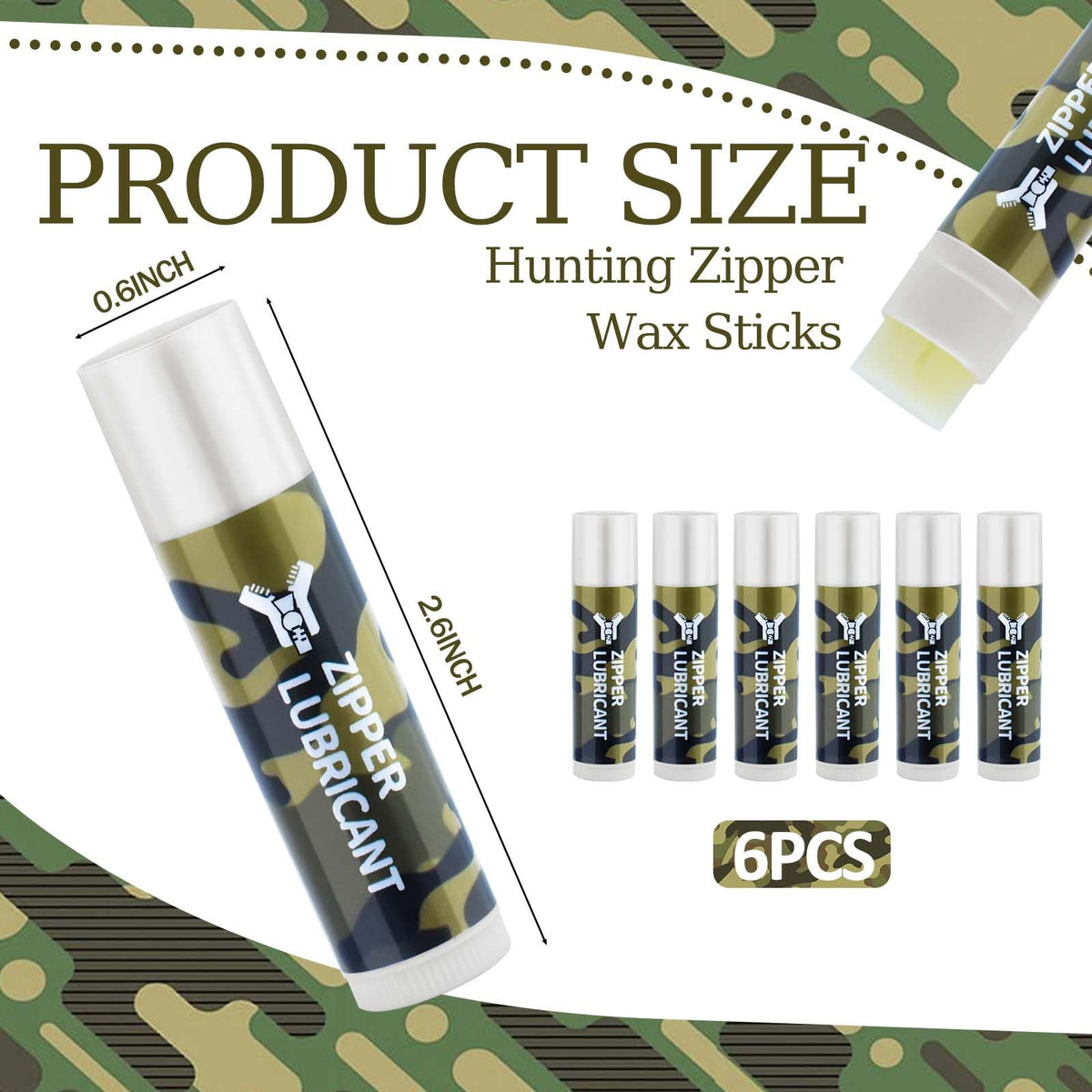 6Pcs Hunting Zipper Wax Sticks Portable Snap Lubricant Sticks Camouflage Snap Stick Zipper Lubricant Zipper Lube for Hunting Clothing Backpacks Tents Wetsuits Drysuits