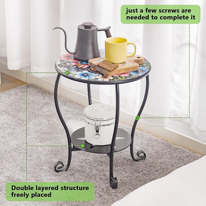 Outdoor Side Table Mosaic Patio Small End Table Metal Coffee Tea Accent Table for Patio Living Room Bedroom Yard Porch Garden (Colourful Butterflies)