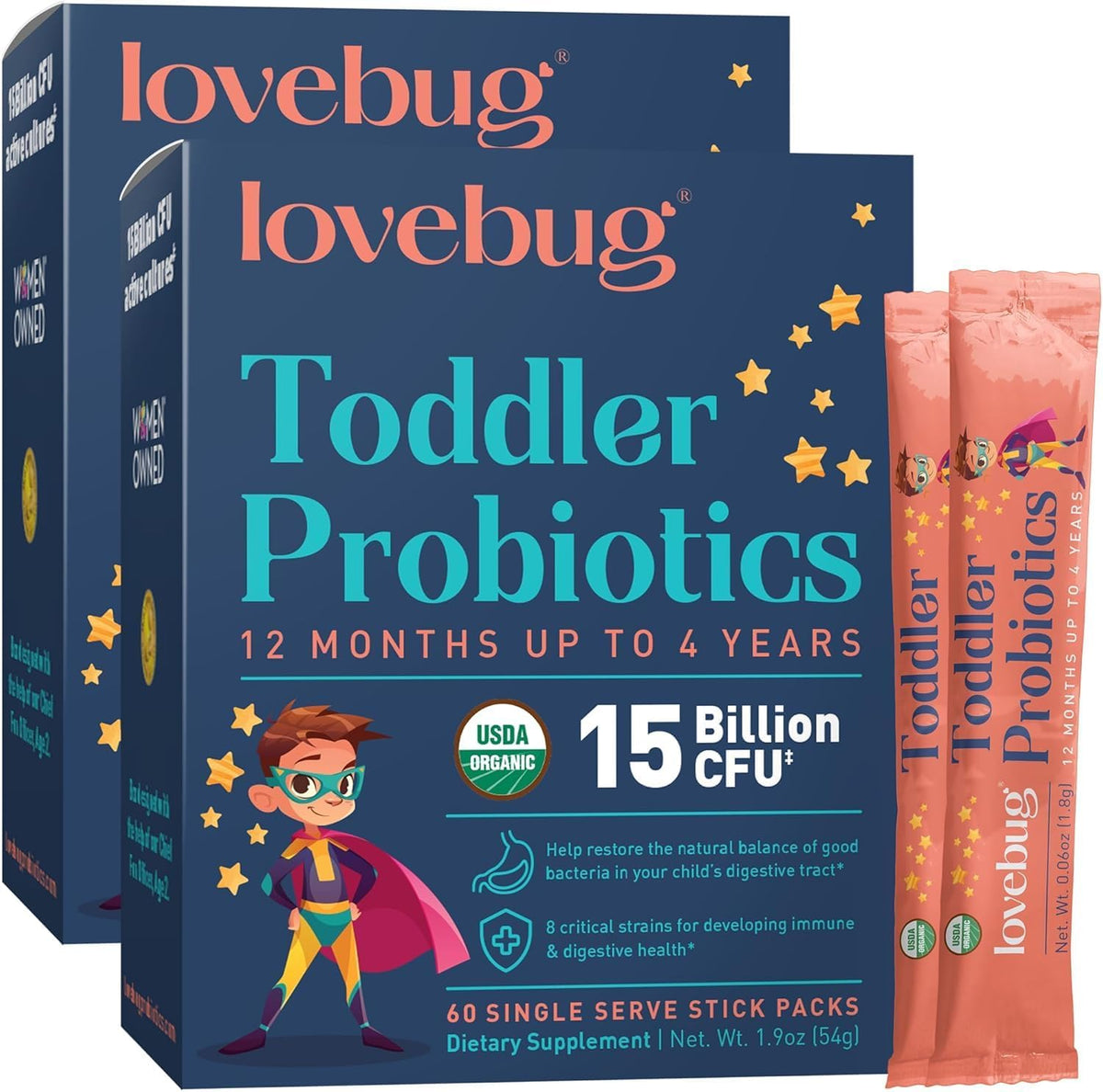 LOVEBUG Kids Probiotic Powder with Prebiotic Fiber - Toddler Immunity Support & Constipation Relief - USDA Organic Probiotics for Childrens Gut & Digestive Health (Ages 1-4) - 60 Pack (Unflavoured)