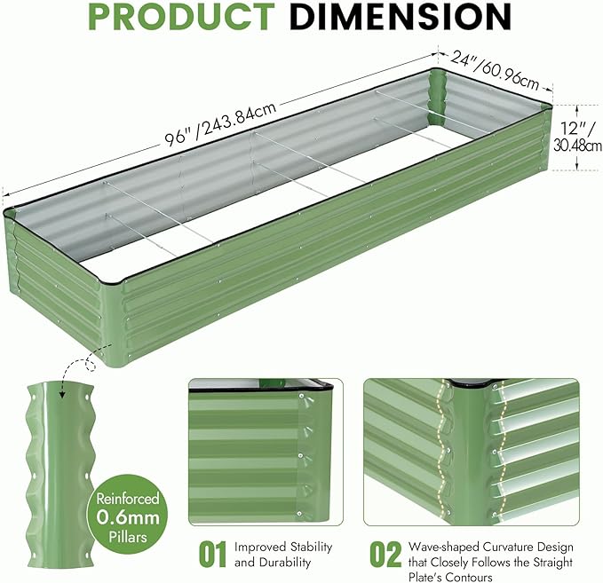 INNO STAGE Galvanized Raised Garden Bed Kits, 8x2x1ft Metal Raised Garden Beds Outdoor, Large Steel Raised Planter Bed with Gloves for Vegetables & Flowers Patio Ground Planter Box (Olive Green, 1PC)