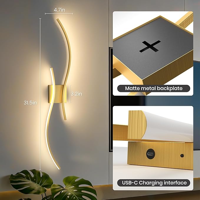 Battery Operated Wall Sconces Set of Two, 10000mAh Rechargeable Modern Wall