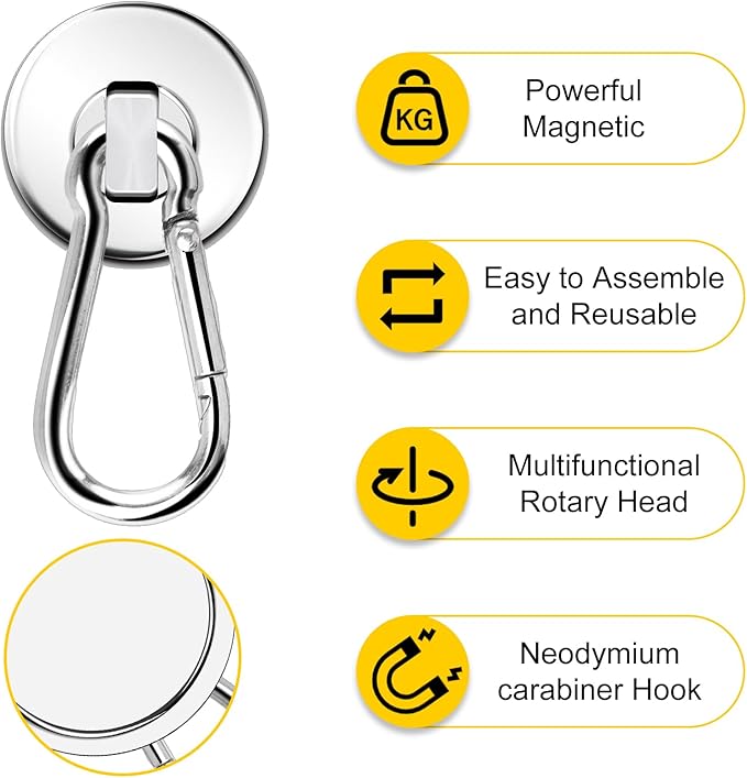DIYMAG Magnetic Hooks,Heavy Duty Neodymium Magnetic Hooks with Swivel Carabiner Hook,Great for Your Refrigerator and Other Magnetic Surfaces,Pack of 6