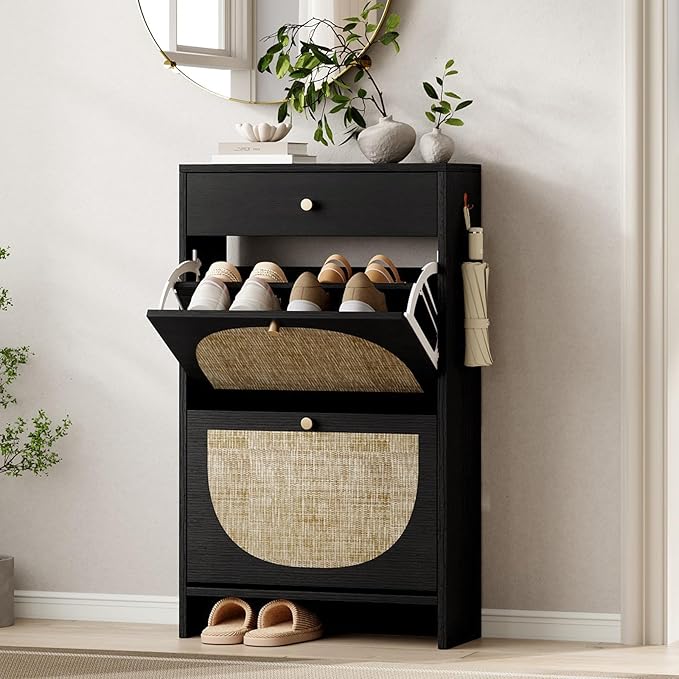 Nicetree Shoe Cabinet for Entryway, Slim Shoe Rack with 2 Flip Drawers and Top Storage Drawer, Narrow Shoe Organizer with Arched Rattan Accent, Entryway Shoe Storage for Size 12 Shoes, Black