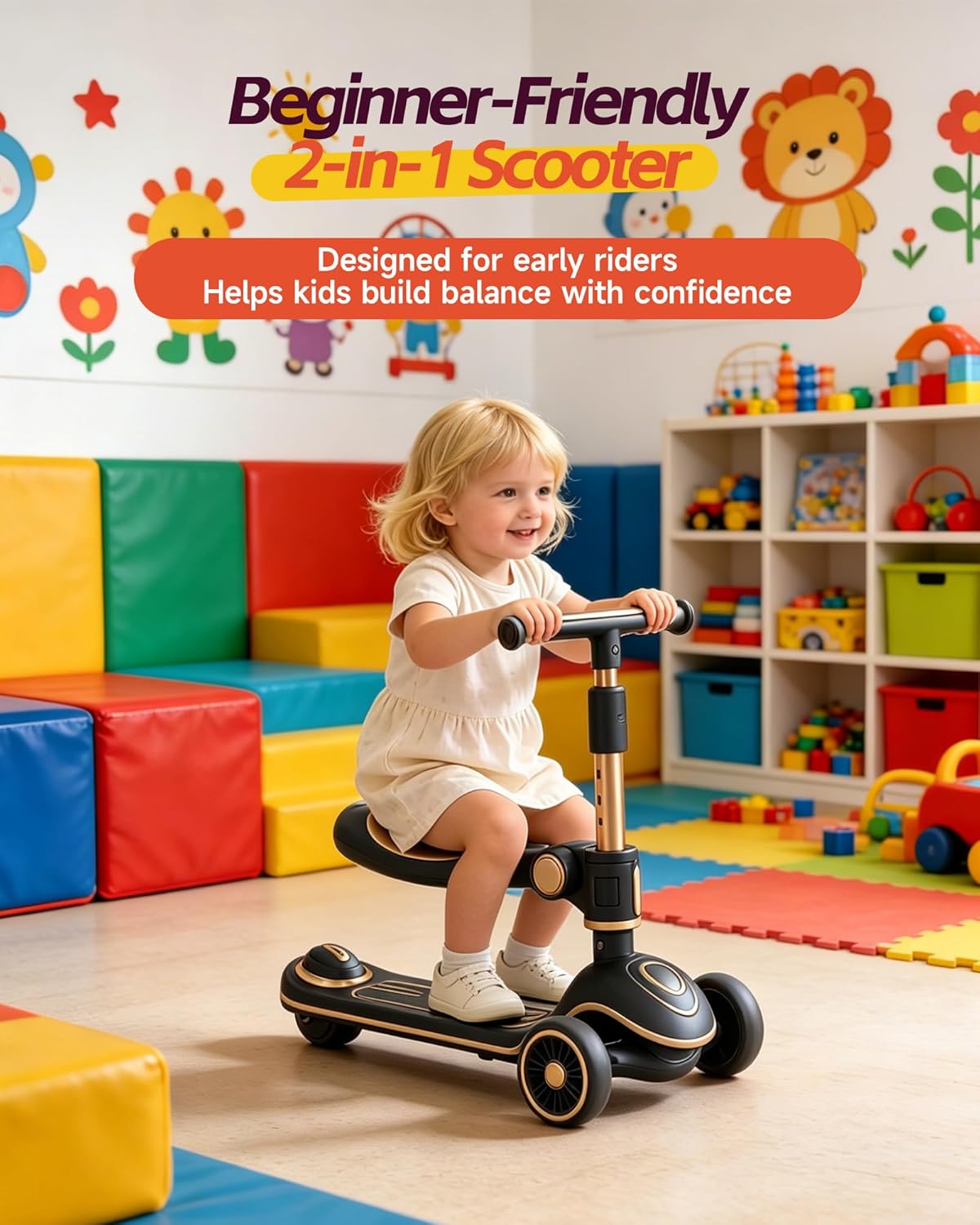Skiennix 2-in-1 Toddler Scooter - Sit-to-Stand Training for Kids Ages 2-5 | Adjustable Handlebars & Light-Up Wheels