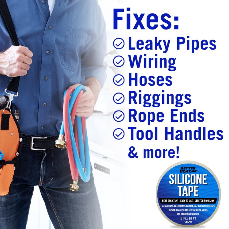 Better Boat Self Fusing Silicone Tape Waterproof Clear, Plumbing Tape for Leaks, Hose and Pipe Repair Tape, 1 in x 15 ft