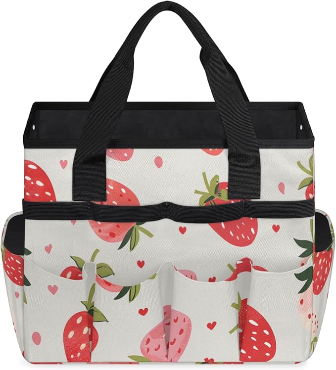 Strawberries Gardening Tool Bag,Heavy Duty Garden Tote Bag,Portable Oxford Gardening Storage Basket Organizer Handbag with Pockets Handle,Hand Tools Gifts for Outdoor Garden Lawn Yard