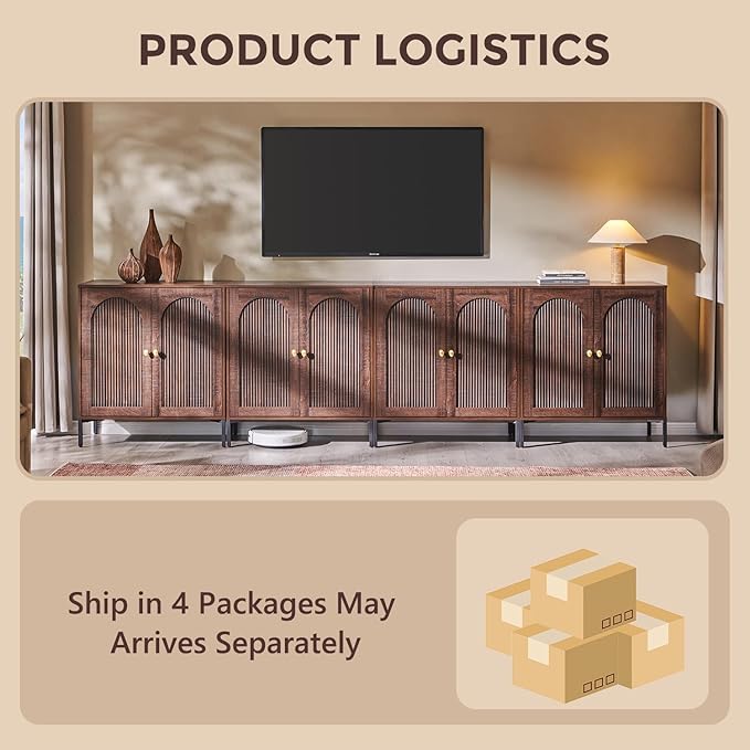 Modern Buffet Cabinet with Storage, 123.5" W Fluted Arched Sideboard Cabinet w/Adjustable Shelves, Wooden Modular Coffee Bar for Dining Room, Kitchen, Living Room, Entryway, Brown