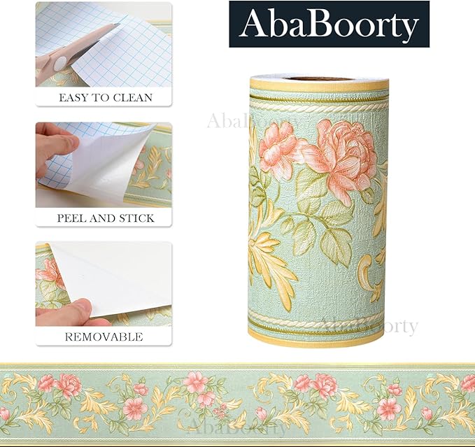 AbaBoorty Green Floral Wallpaper Border Decor 196"X4.1" Peel and Stick Wall