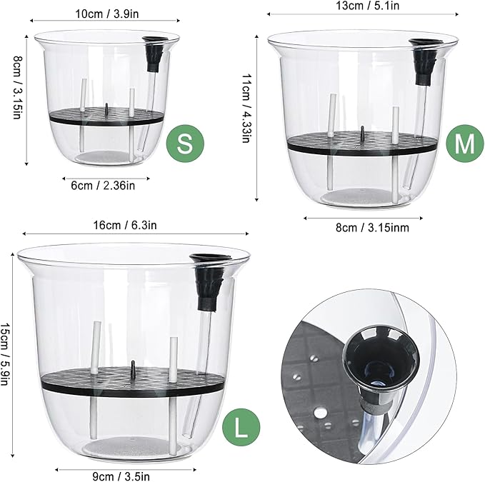 Self Watering Pots, 3 Pack 5 Inch Clear Plant Pot Self Watering Planter Flowers Pot with Deep Reservoir for Indoor Plants (3 Medium)