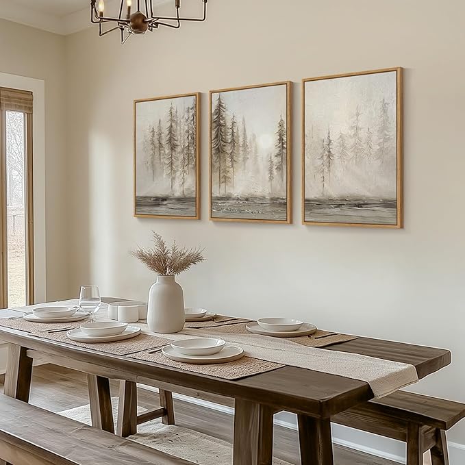 Framed Neutral Tree Set of 3 Wall Art Bedroom, Abstract Modern Rustic Landscape Beige Canvas Artwork for Walls, Nordic Misty Forest Farmhouse Wall Decor for Bedroom Hallway Office, 16x24 Inch