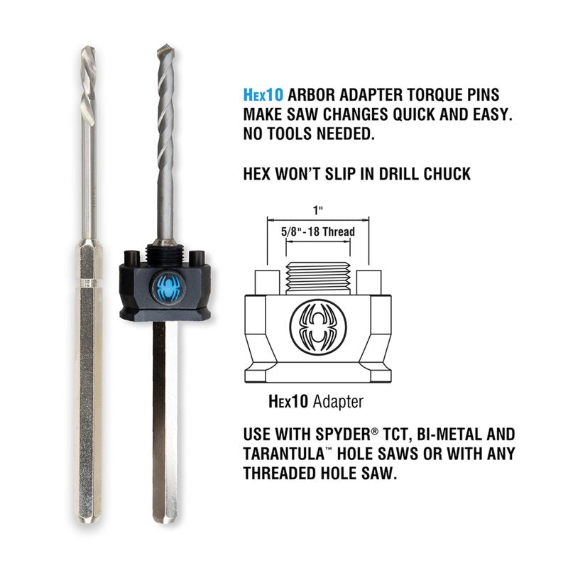 Spyder Hex10 1/2-inch Quick Change Hole Saw Arbor and TCT Pilot Bit Assemby for Cement and Masonry