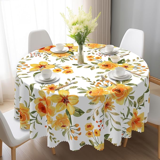 Eikione Round Tablecloth 60inch,Tablecloth Waterproof and Wrinkle-Free, Red Flower Rustic Table Covers, Summer Decorations for Home