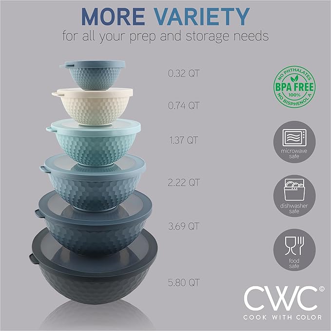 COOK WITH COLOR Mixing Bowls with Lids - 12 Piece Plastic Nesting Bowls Set includes 6 Prep Bowls and 6 Lids, Non Slip Bottom and Embossed Design - Microwave Safe (Blue)