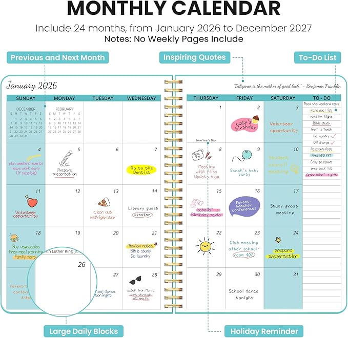 Monthly Planner 2026-2027, 2 Year Months Calendar Planner 2026-2027, Runs from January 2026 - Decembe 2027, 7" x 10", 24 Months, Perfect for School Office Home Planning - Aquamarine