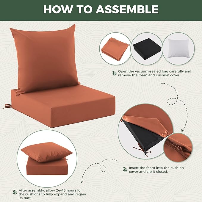 Outdoor Cushions for Patio Furniture, Outdoor Seat Cushion Set 24 x 24 x 5.75 Inch, Waterproof & Fade Resistant Outdoor Chair Cushions, Deep Patio Chair Cushion with Removable Cover, Spice