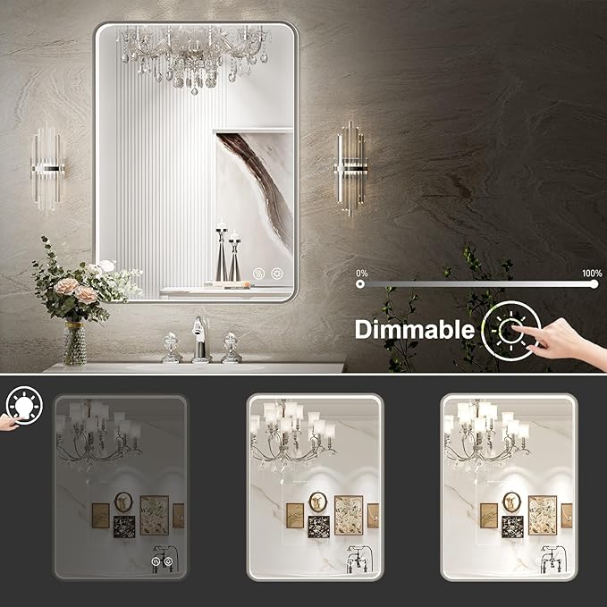 LED Bathroom Mirror with Lights, 24x32 Inch Brushed Silver Framed Lighted