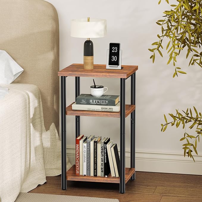 OLIXIS 3 Tier End Table for Small Space, Side Sofa Tables Storage Shelf, Nightstand with Adjustable Feet for Living Room, Bedroom, Office, Set of 1, Rustic Brown