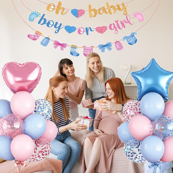 Gender Reveal Decorations Pink Blue Boys or Girls Balloon Set with Star Heart Foil Confetti Balloons Oh Baby Bunting Banner Socks Bottle Paper Garland Pastel Pink Blue Baby Shower Party Decor Kit
