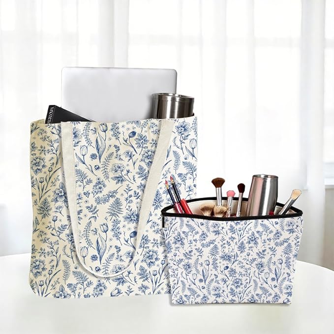 Flower Plant Lover Gifts for Women Canvas Tote Bag with Makeup Bag Cosmetic Bags Grocery Bags for Shopping Christmas