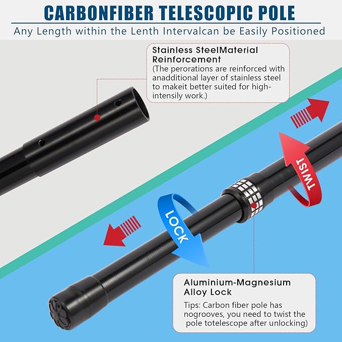 Carbon fiber pool pole, 4-section telescopic 12 foot, lightweight and easy to grip adjustable cleaning pole, used for pool cleaning, connected to fishing net, rake, brush, vacuum head cleaning (12FT)