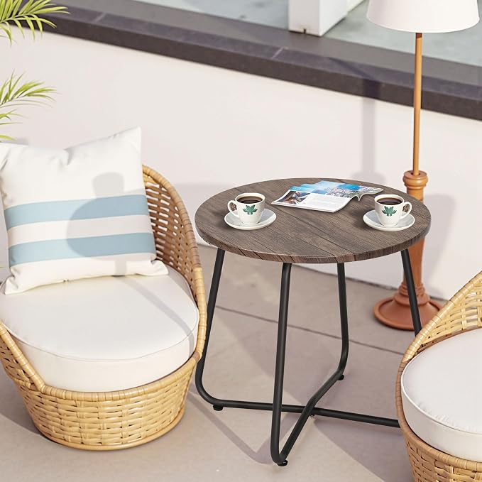 VECELO 17.7 inch Small Round Outdoor Side Table,Patio End Table,Waterproof Wood Table with Weather Resistant Steel Adjustable Feet for Living Room Bedroom Garden Yard Balcony Porch Poolside