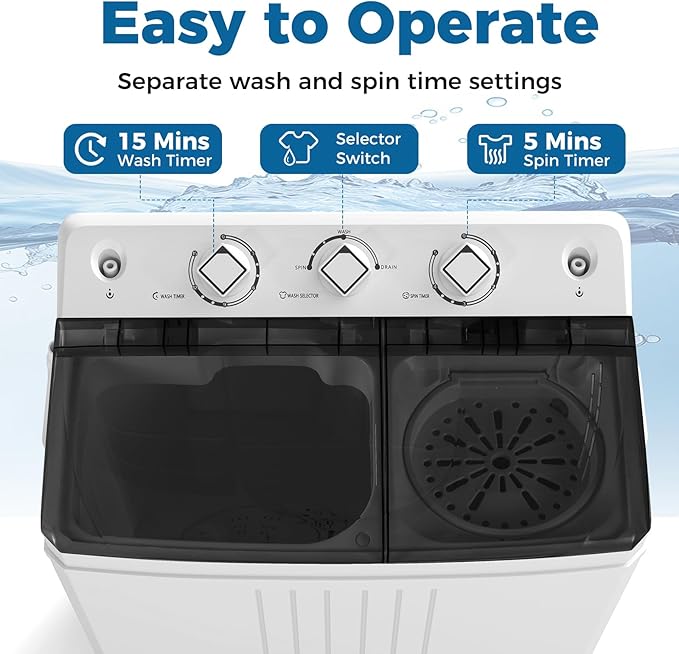 COSTWAY Portable Washing Machine, Twin Tub 20Lbs Capacity, Compact Laundry Washer(12Lbs) and Spinner(8Lbs), Durable Design for Apartment Dorm RV, Black+White