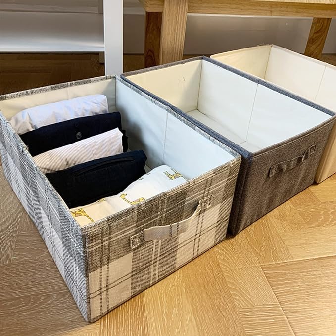 ANMINY 2PCS Storage Baskets Closet Storage Organizer Bins with Handles, Foldable Large Fabric Storage Bins for Shelves, Rectangular Baskets Laundry Clothes Blanket Cubes - Light Gray, Medium