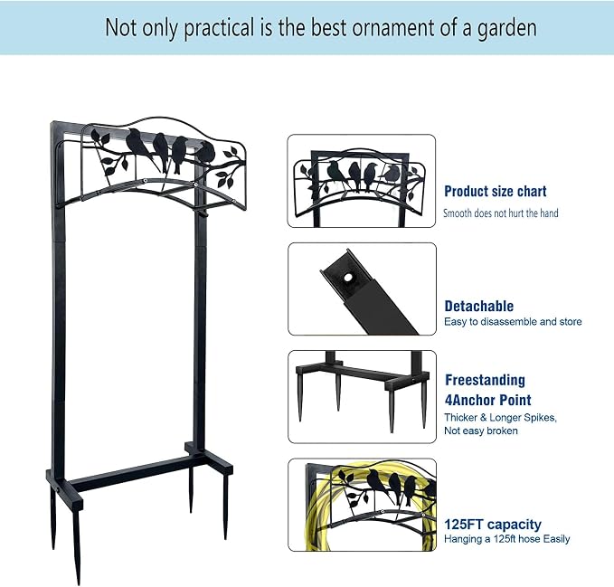 Garden Hose Holder Freestanding with 4 Spikes, Detachable Heavy Duty Water Hose Holders Stand, Reinforced Garden Hose Storage Rack for Lawn & Yard