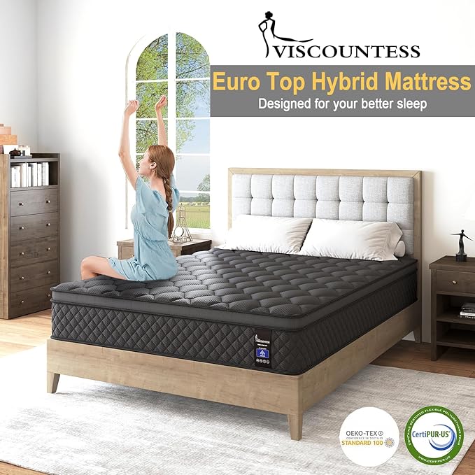 Full Hybrid Mattress, 14 Inch Medium Mattresses Euro Top for Back & Lumbar Support, 100 Night Trial, Individual Pocket Spring Bed for Motion Isolation & Pressure Relief Black