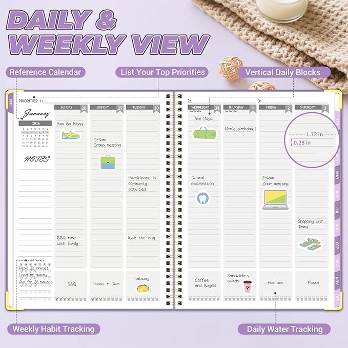 Daily Planner 2026 (8.5" x 11") - Weekly & Monthly Planner (Jan. 2026 - Dec. 2026), Column View Calendar Organizers, Hardcover Agenda Book with Tabs for Office & School, Purple