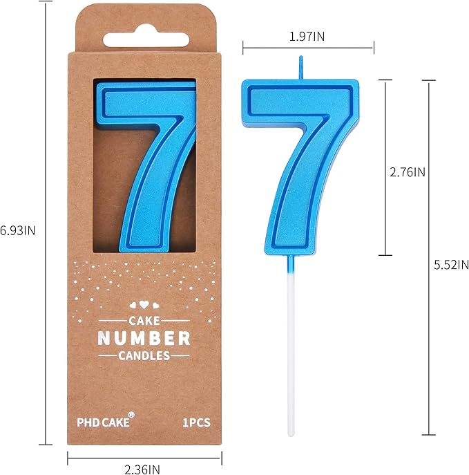 PHD CAKE 2.76 Inch Luxe Blue 7 Number Birthday Candles, Blue Number Candles, Cake Number Candles, Party Celebration