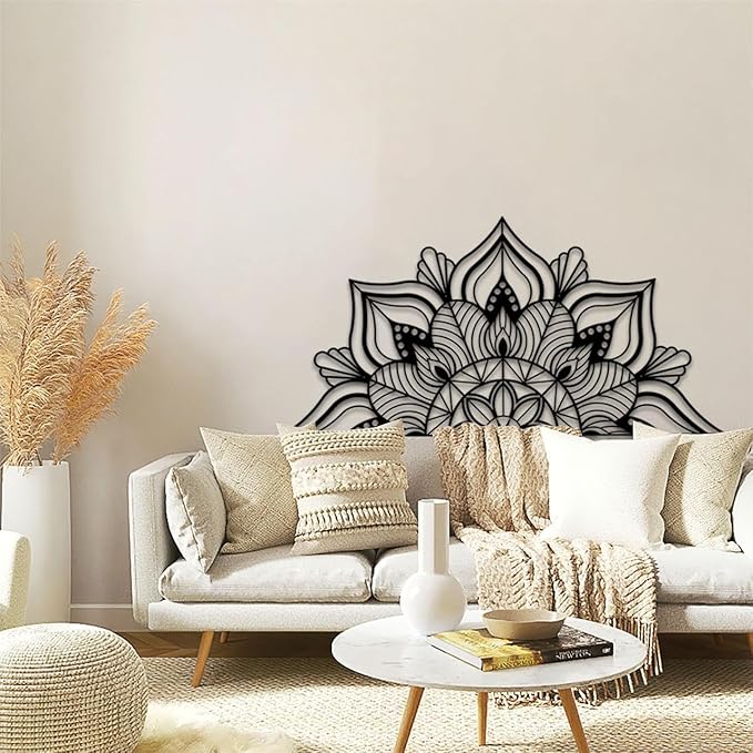 Resama Large Metal Mandala Wall Decor, Unique Lotus Flower Wall Art, Suitable for Office and Home Indoor and Outdoor Decoration (Black, 59‘’x29.5‘’/ 150x75cm)