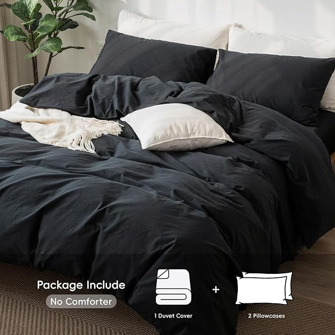 MooMee Bedding Duvet Cover Set 100% Washed Cotton Linen Like Textured Breathable Durable Soft Comfy (Solid Black, Queen 90"x90")