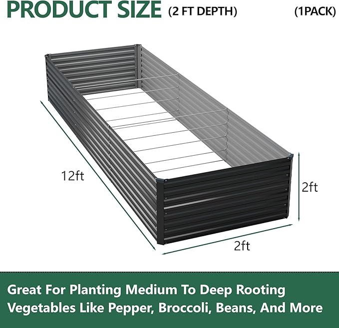 Vengarus 12x2x2FT Galvanized Raised Garden Bed Kit, Deep Root Planter Box Outdoor Large Planter Raised Beds for Planting Flowers,Vegetables and Herbs-Black