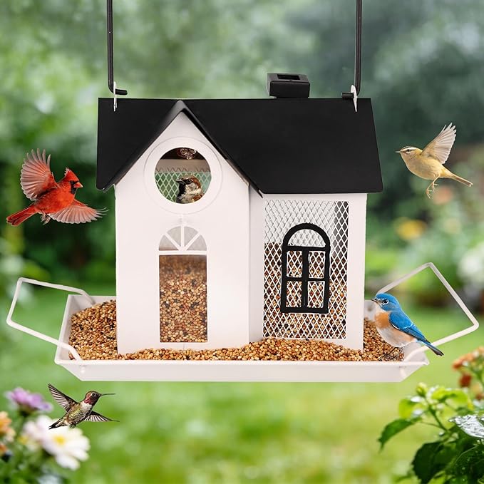 Solar Bird Feeder for Outdoors – White Metal Hanging Bird Feeder with Solar Light, Decorative Bird House Feeder for Cardinals, Finches, and Wild Birds, Weatherproof Backyard Garden Decor