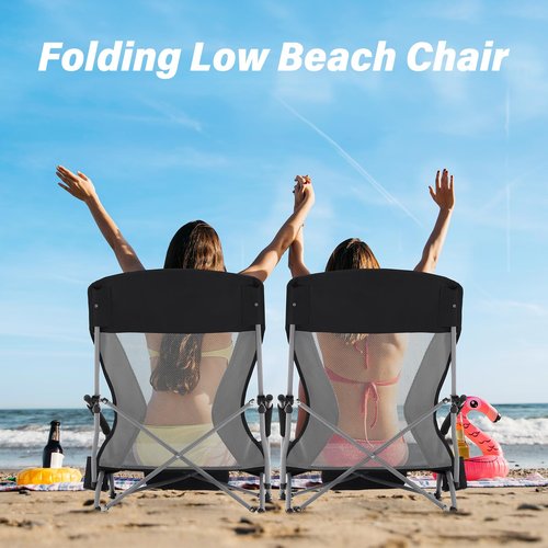 Homcosan Portable Low Folding Beach Chairs Set of 2 - Lightweight Camping Chairs for Adults with Cup Holder & Storage Pockets, Carry Bag Included (Black & Gray)