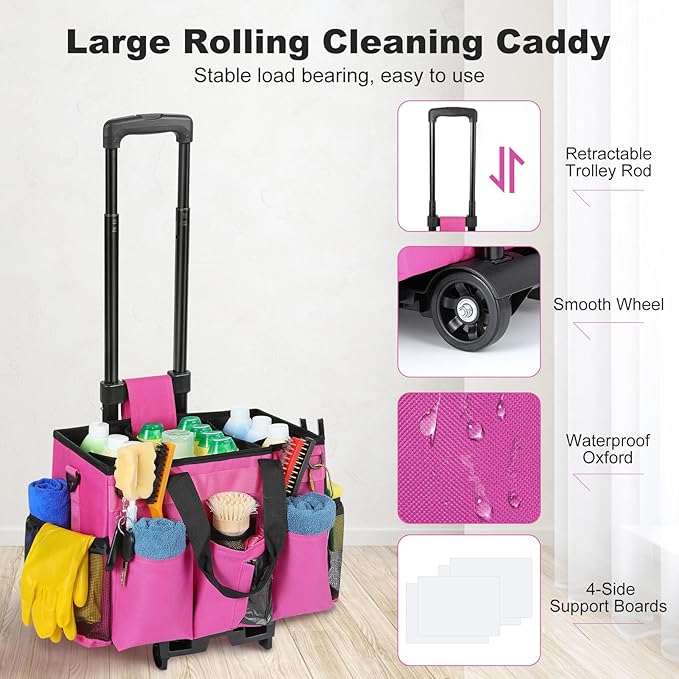Housolution Rolling Cleaning Caddy Bag with Detachable Trolley, Professional Portable Large Cleaning Bag with Wheels, Wearable Cleaning Supply Bag on Wheels for Housekeepers, Rose Red